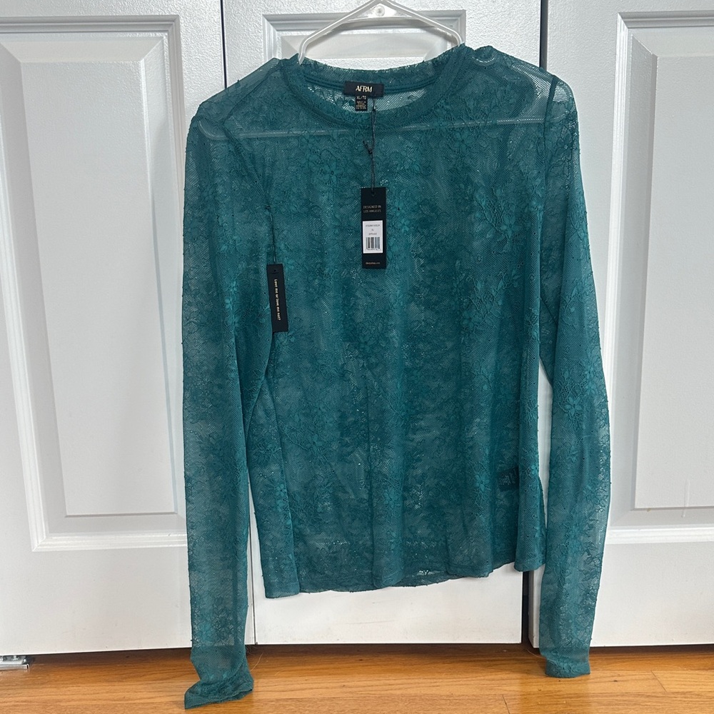 AFRM Teal Sheer Lace Long Sleeve Top